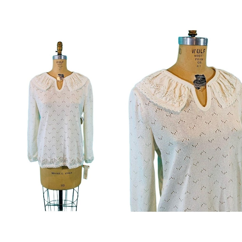 Vintage 1980s Cream Pointelle Ruffle Sweater Deadstock Pullover | B 41"